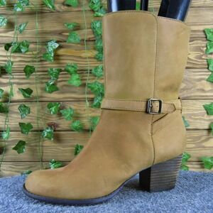 Lands' End Women's 8.5 Tan Leather Mid-Calf Boots Block Heel Zip Riding Style
